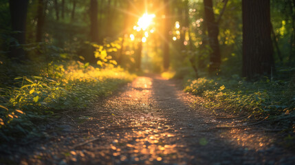 Sunlit Pathway: A gravel path leads through a forest, bathed in golden sunlight filtering through trees.