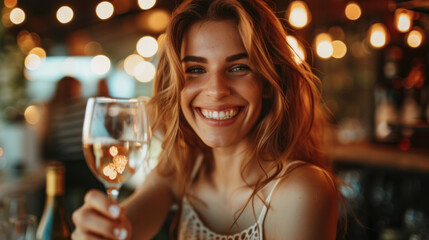 Smiling woman raises glass of white wine in a lively restaurant with warm, bokeh lights in the background.