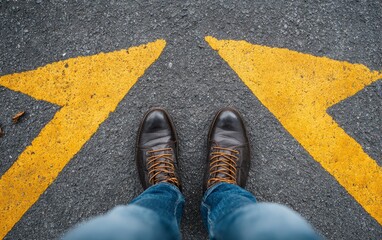 Point of view of brown leather shoes and arrows painted on asphalt ground going in opposite direction