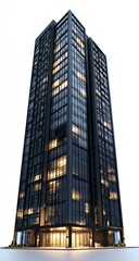 Fototapeta premium Modern skyscraper facade showcasing window grids and internal illumination, isolated