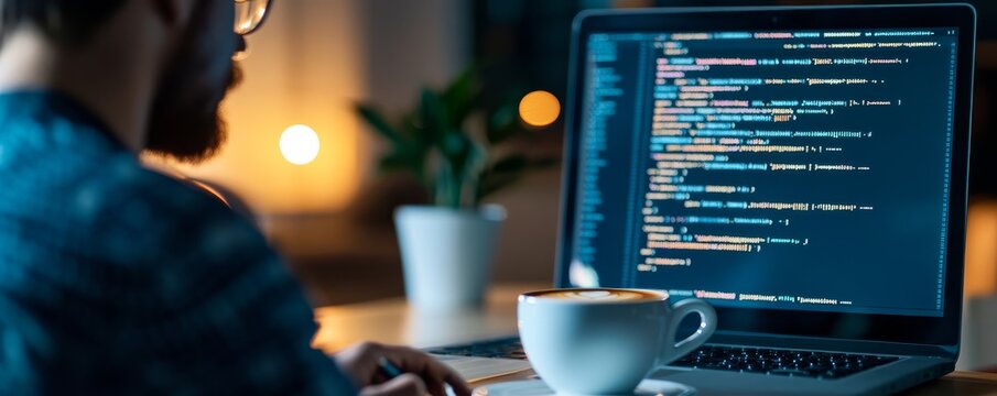 Coder with Laptop, Coffee Cup and Code Screen, programming , developer