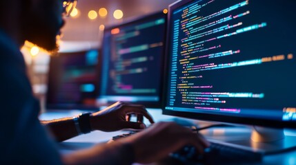 Coding Focus Developer at Work on Multiple Screens Displaying Code, Programming , Software