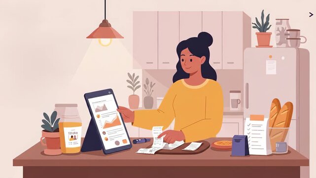 Flat vector a woman is managing her finances at home in the kitchen, using a tablet to track expenses, analyze data, and plan her budget, highlighting the importance of personal financial management