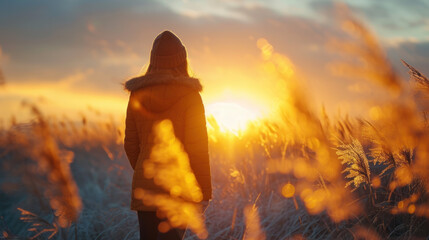 Woman watching a golden sunset. The sunlight illuminates the field of tall grasses and her jacket.