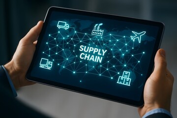 Man using a digital tablet, depicting supply chain. 