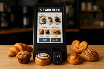 A modern self-service kiosk displaying menu options, with delicious pastries on the table.