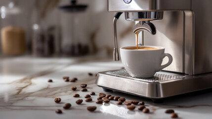Close-up of Americano pouring from the coffee machine into a cup.