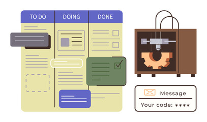Kanban board featuring stages To Do, Doing, and Done, alongside a 3D printer and a secure code message. Ideal for productivity, innovation, project planning, automation, teamwork technology simple © robu_s