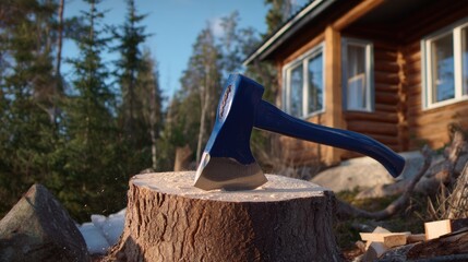 In a tranquil winter landscape, a blue axe strikes a log, sending splinters flying as sunlight breaks through the trees. A wooden cabin stands nearby, surrounded by nature's beauty