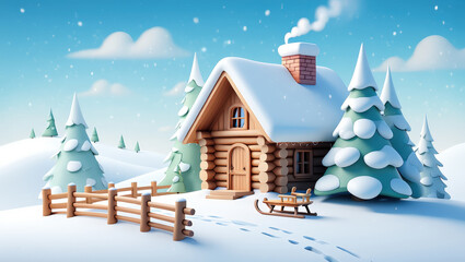 Fototapeta premium Winter Wonderland Scene with Cozy Log Cabin Surrounded by Snow Covered Trees and Footprints in the Snow Illustrating Serene Holiday Season