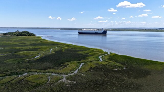 Aerial view of a large cargo ship navigating the winding waterways near the Sidney Lanier Bridge, Brunswick, Georgia, United States.