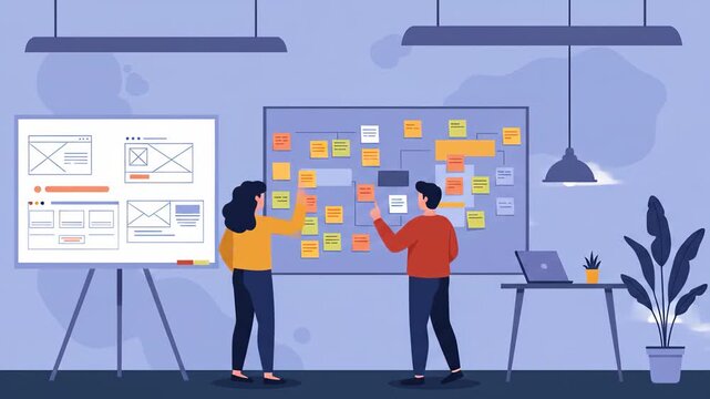 Flat vector a collaborative team is brainstorming ideas and planning a project in the office, using sticky notes on a whiteboard to visualize their strategy and find solutions to problems