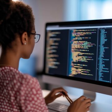 Female coder working at computer with code on screen, Software, Programming
