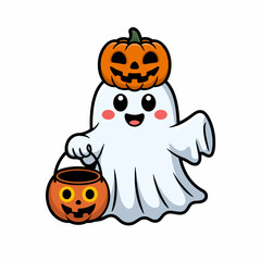 Cheerful Ghost with Pumpkin Decor: A whimsical illustration of a cute ghost, joyfully adorned with a carved pumpkin hat and carrying a pumpkin-shaped candy pail, perfect for the Halloween season.