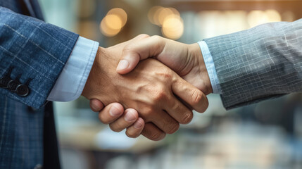 A close up of two business professionals shaking hands, symbolizing partnership, agreement, and collaboration.