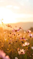 Soft pink cosmos in golden sunlight