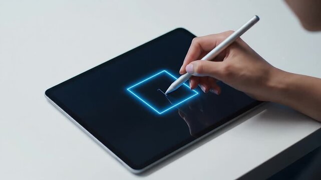 Digital Artist Drawing 3D Cube on Tablet with Stylus