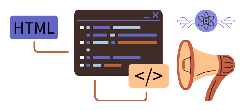 Computer interface with code editor, HTML box, programming languages, atomic graphic, megaphone. Ideal for web development, coding, technology, data sharing software educational tools simple flat