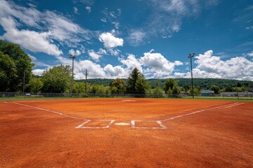 A vibrant red dirt baseball field stretches beneath a bright blue sky with puffy clouds