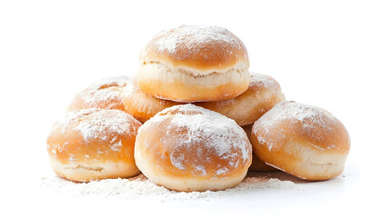 Stack of fresh round buns sprinkled with flour isolated on white background