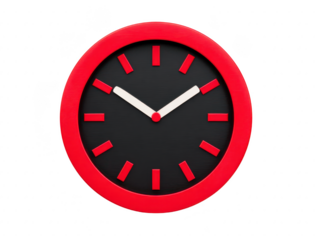 Modern wall clock featuring round design with black face and bold red frame. clock has white hour and minute hands, along with red hour markers, creating striking visual contrast
