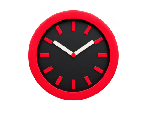 Modern wall clock featuring round design with black face and bold red frame. clock has white hour and minute hands, along with red hour markers, creating striking visual contrast