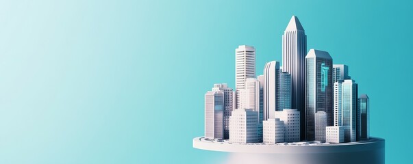 Naklejka premium Minimalist Cityscape Modern Architecture Model on Teal, Urban ,Skyscrapers