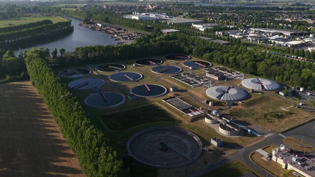 Sewage treatment plant, waste water, cleaning of water. industrial cleaning. Aerial view.