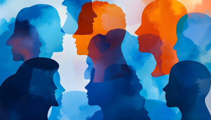 Colorful profiles represent diversity in mental health awareness and support. Silhouettes in blue, orange, and white convey connection, empathy, and community for psychological well-being