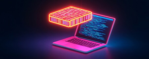 Neon Data Cube Over Laptop Displaying Code, programming ,cyberpunk