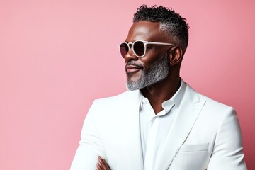 Obraz premium A sophisticated gentleman in a well-lit studio. A trendy and radiant male showcasing style. A graceful mature man with a modern hairstyle. A radiant and poised man in a professional portrait.