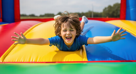 A young boy is joyfully playing on a colorful inflatable bounce house with his arms outstretched wide open
