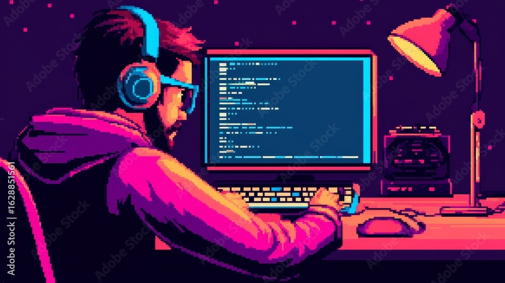 Wall mural pixel art coder retro developer with headphones at computer, coding , pixelart