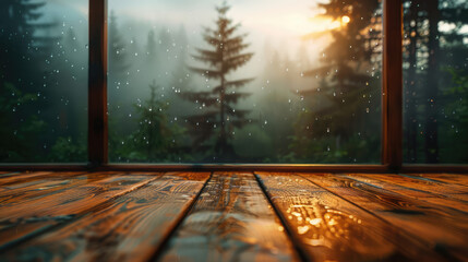 Raindrops on the window frame the blurred forest view beyond the wood panel table top in a cozy scene.