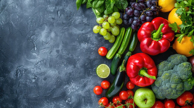 Assorted fresh vegetables and fruits arranged on a gray stone surface for a healthy food concept.