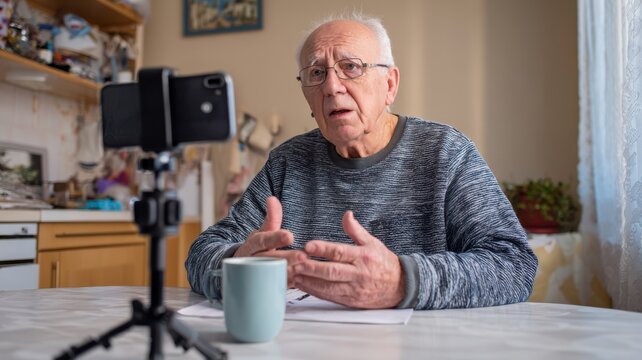 Elderly man livestreaming from kitchen with smartphone, tea, and tripod for digital content creation and senior lifestyle vlogging - Powered by Adobe