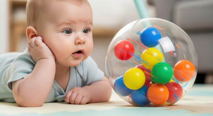 Obraz premium Baby lying down looking at a clear ball filled with colorful balls on a light colored surface