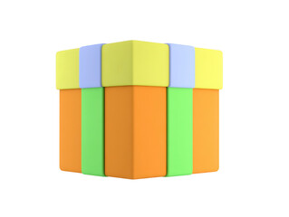 Obraz premium Colorful gift box with vibrant design featuring blue, yellow, green, and orange colors. This cheerful present symbolizes joy and celebration, perfect for various occasions