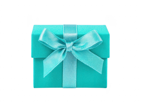 Small, elegant gift box in soft turquoise color, adorned with shiny ribbon. This charming present is perfect for special occasions, evoking feelings of joy and anticipation
