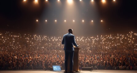 A Black man standing at the podium, giving an award speech in front of hundreds of audience members on stage with bright lights shining down on him Generative AI