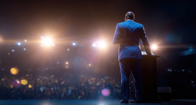 A middle-aged Black man stands at the podium, delivering an incredible speech about how to grow your business and make more money Generative AI