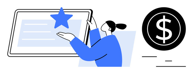 Woman pointing to a digital star on a large tablet, with bold dollar icon emphasizing money saving, financial success, personal growth. Ideal for marketing, goals, review, finance, branding
