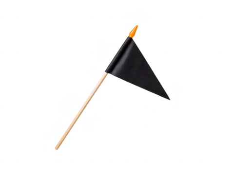 Black triangular flag on wooden stick, featuring vibrant orange tip, symbolizes various meanings such as caution or warning. This simple yet striking design can be used in various contexts