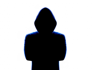 Mysterious figure in hooded sweatshirt stands against transparency background, evoking sense of intrigue and anonymity. silhouette is highlighted with blue outline, enhancing enigmatic atmosphere