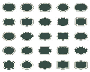 A diverse collection of 25 classic label shapes and vintage frames with ornamental borders, organized in a grid formation.