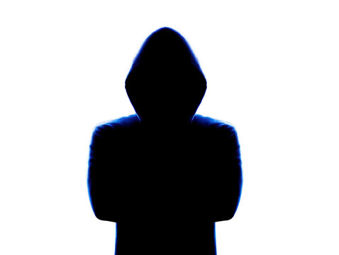 Mysterious figure in hooded sweatshirt stands against transparency background, evoking sense of intrigue and anonymity. silhouette is highlighted with blue outline, enhancing enigmatic atmosphere