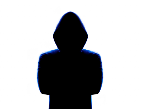 Mysterious figure in hooded sweatshirt stands against transparency background, evoking sense of intrigue and anonymity. silhouette is highlighted with blue outline, enhancing enigmatic atmosphere