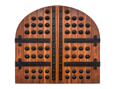 Large wooden door with arched top, featuring multiple round metal studs and black iron hardware. door has rustic appearance, showcasing craftsmanship and durability, perfect for traditional