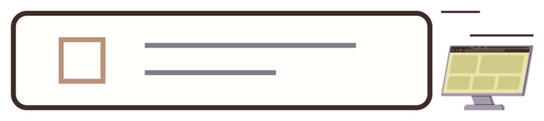 Digital interface with a form checkbox, horizontal text fields, and a desktop screen showcasing a webpage. Ideal for productivity, data entry, technology, workflow, organization, user interface