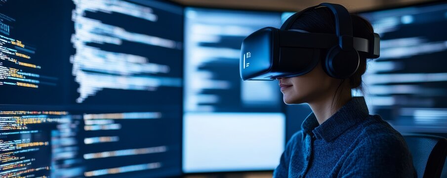 Woman in VR Headset Coding on Multiple Screens, virtual reality , programming